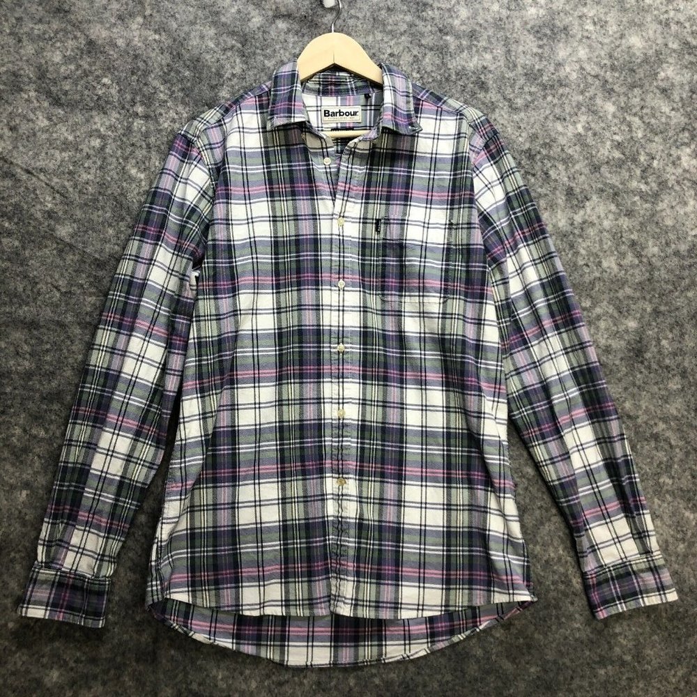 Barbour White, Green & Purple Plaid Dress Shirt